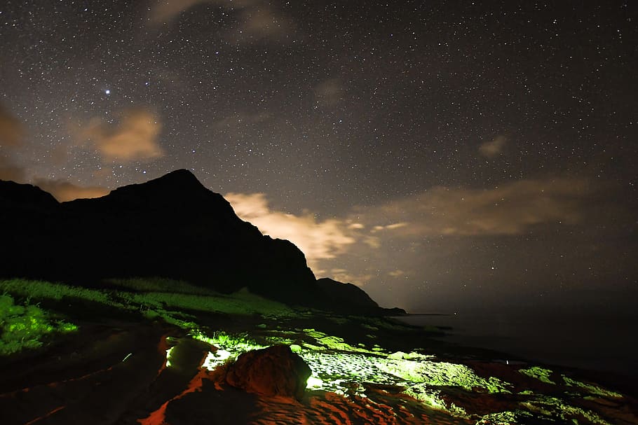 brown and green mountain, star - space, astronomy, night, beauty in nature HD wallpaper