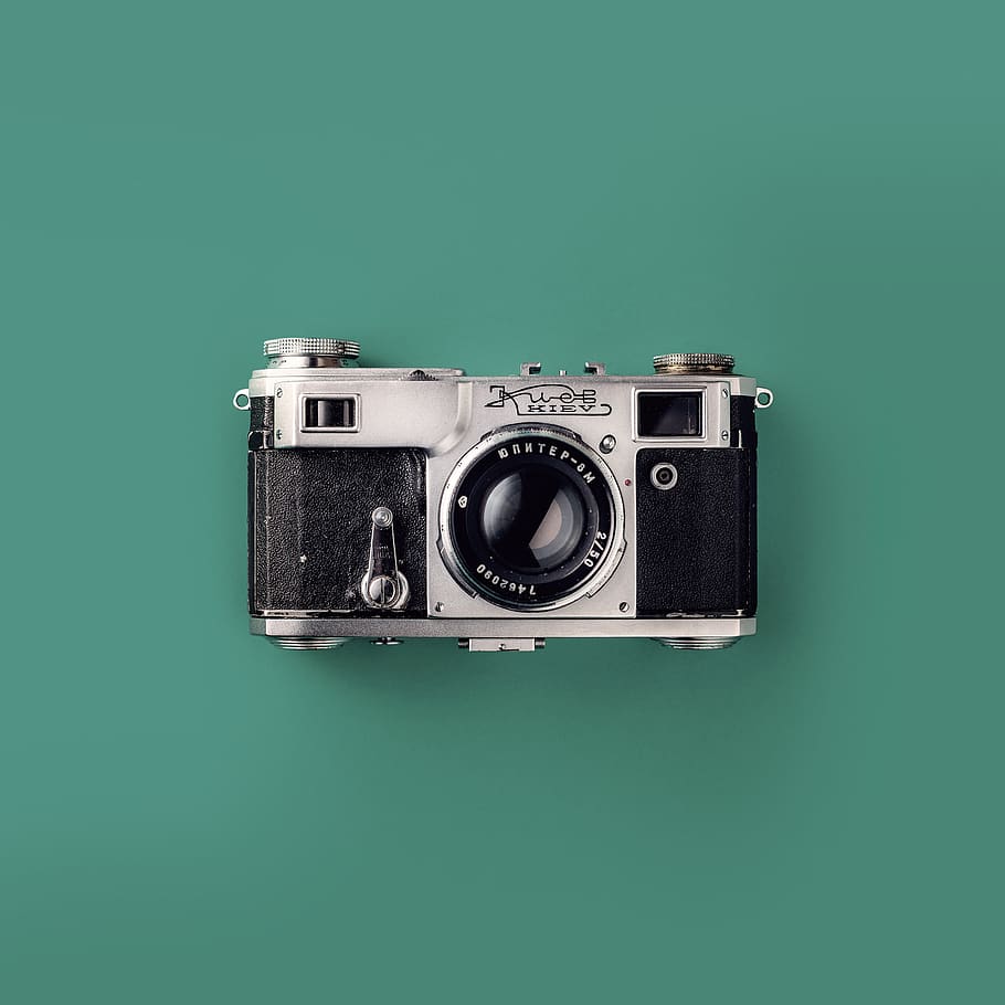 Grey and Black Camera On Green Background, analog, Analogue, antique