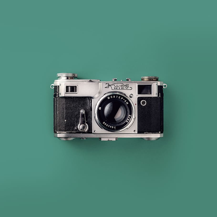 silver SLR camera on teal background, technology, retro styled HD wallpaper