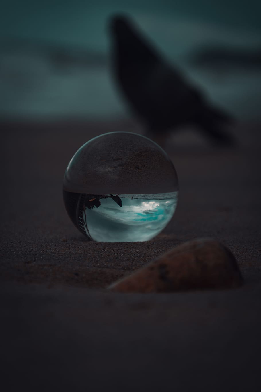 Glass Ball On Sand, beach, macro, reflection, seashore, selective focus HD wallpaper