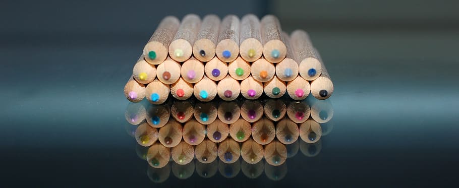 pencils, reflection, colors, large group of objects, indoors HD wallpaper