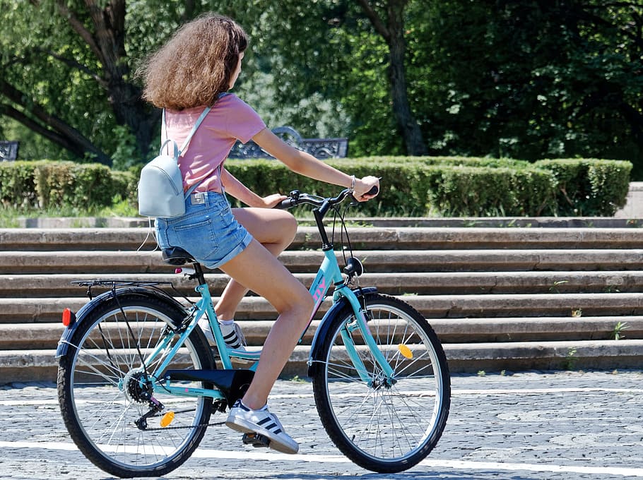 Woman Riding Bicycle Near Concrete Stairs, active, bag, bicycling HD wallpaper