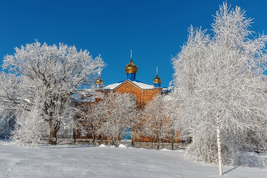 winter, snow, sky, temple, cold temperature, tree, plant, built structure HD wallpaper