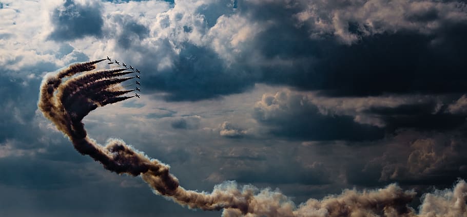 airshow under clouds, cloud - sky, nature, outdoors, flying, one animal HD wallpaper
