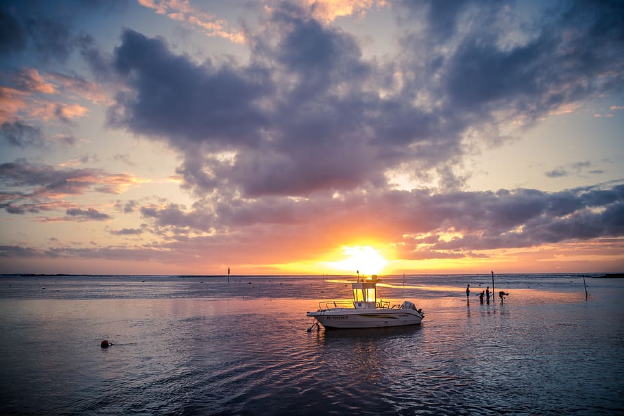 réunion, sun, cloud, sky, boat, beach, ocean, sinner, landscape HD wallpaper