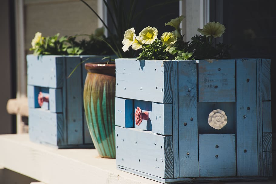Two Blue Wooden Pots, box, color, container, daylight, decoration HD wallpaper