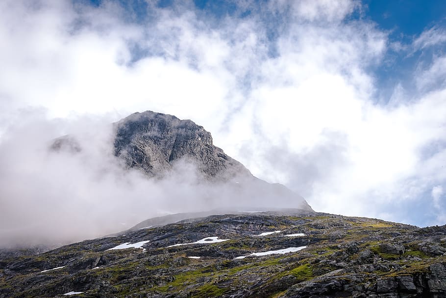 norway, cloudy, fog, clouds, mountains, mystic, beauty in nature HD wallpaper