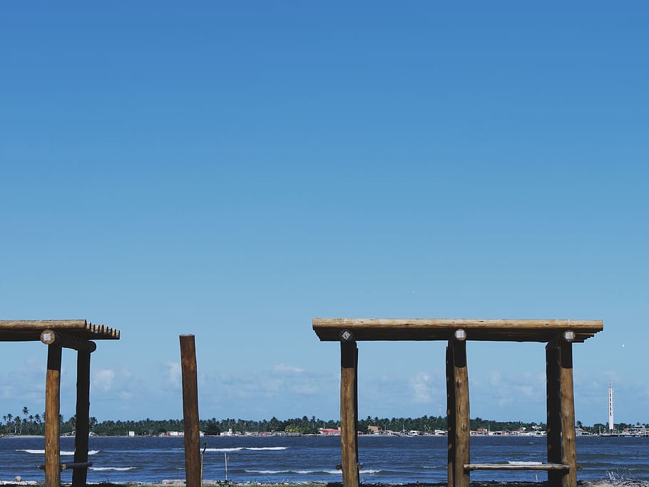 ocean, city, sky, water, clear sky, blue, copy space, day, nature HD wallpaper