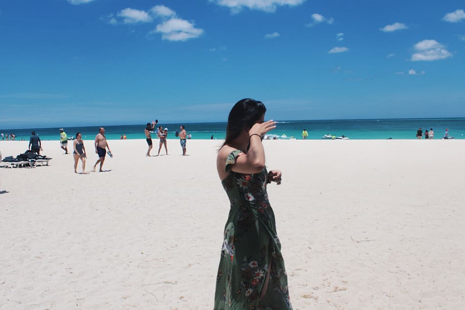 beach, blue, sea, aruba, ocean, sand, dress, long dress, latina HD wallpaper