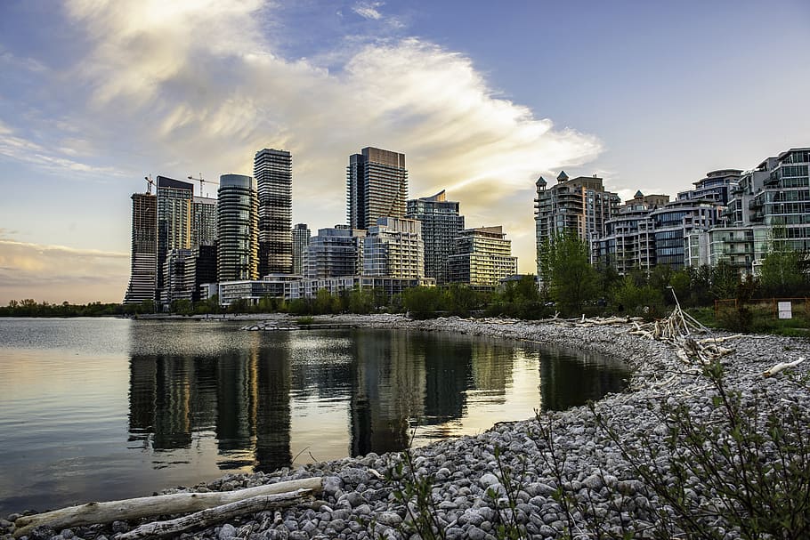 landscape, sky, skyscraper, lake, toronto, architecture, building exterior HD wallpaper