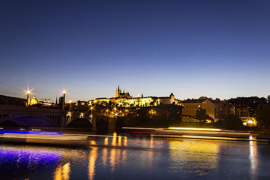 prague, czechia, sky, night, boats, long exposure, lights, praha HD wallpaper