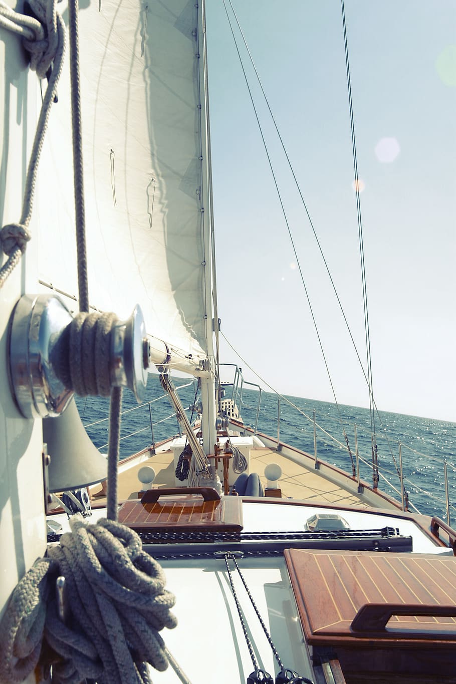 sailboat, sailing, deck, bow, rope, water, ocean, sea, waves HD wallpaper