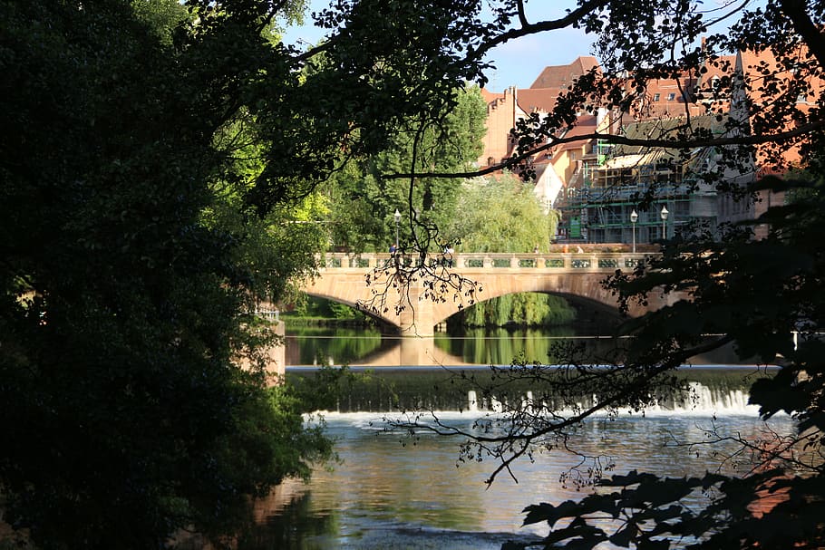 germany, nürnberg, nuremberg, trees, green, bridge, old, buildings HD wallpaper