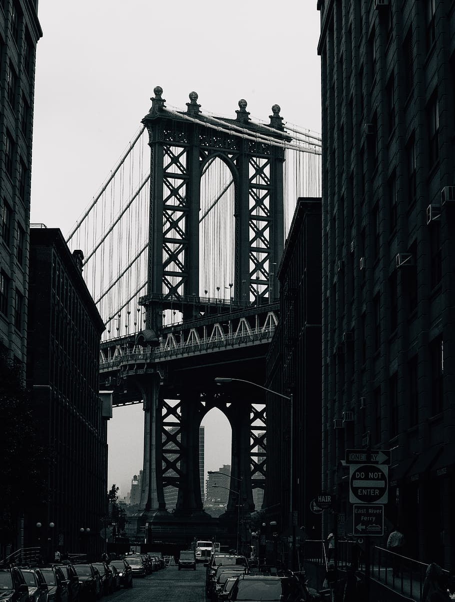 dumbo, brooklyn, nyc, synthesisphoto, black and white, built structure, HD wallpaper