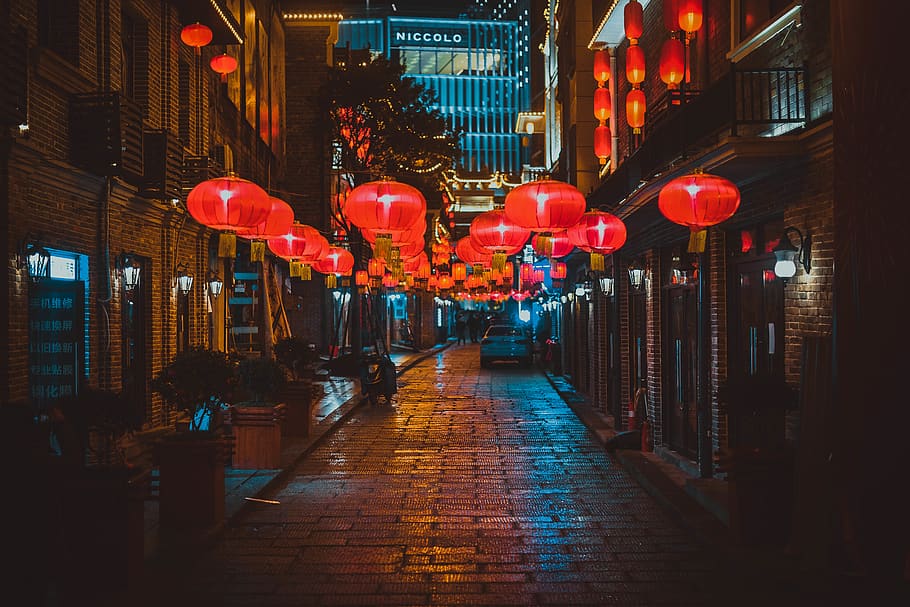 red lanterns turned on, architecture, built structure, lighting equipment HD wallpaper