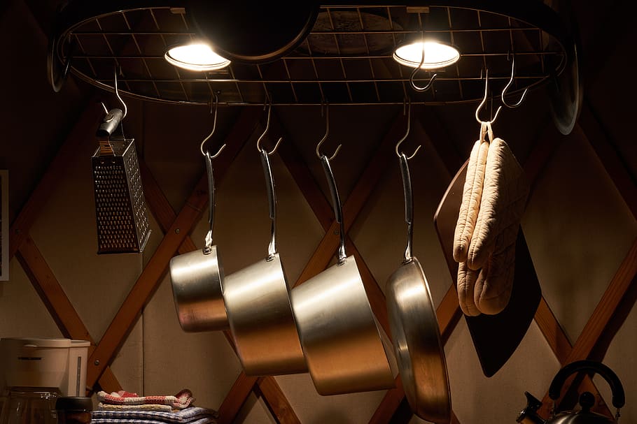 kitchen, yurt, pan, hanging, illuminated, low angle view, metal HD wallpaper