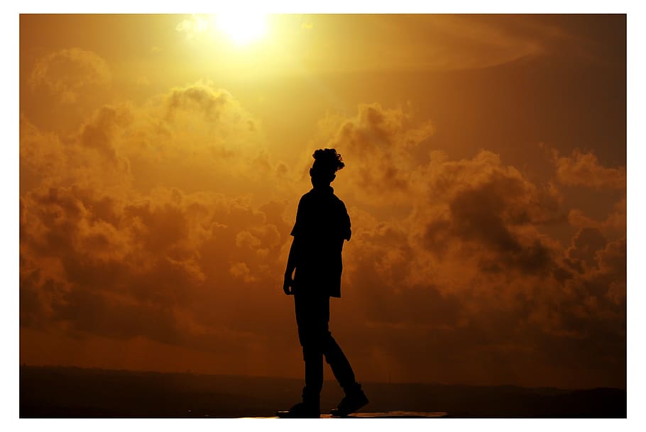 Silhouette of Man During Sunset, backlit, clouds, cloudy, dark HD wallpaper