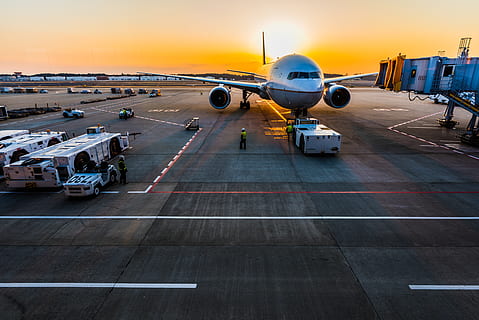 gray airplane on parking, airport, vehicle, human, person, airfield HD wallpaper
