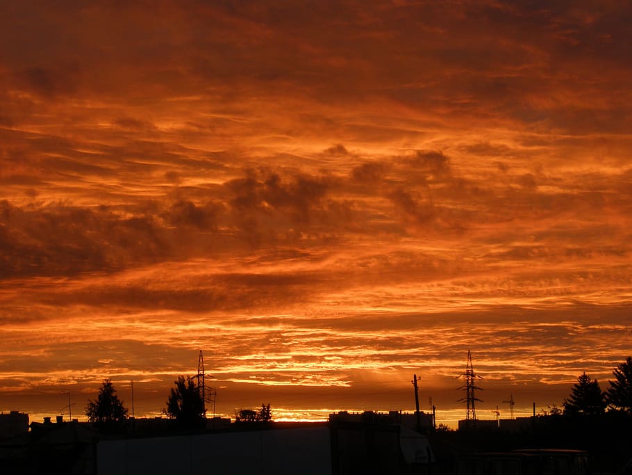 sunset, sky, city, silhouette, twilight, in the evening, orange HD wallpaper