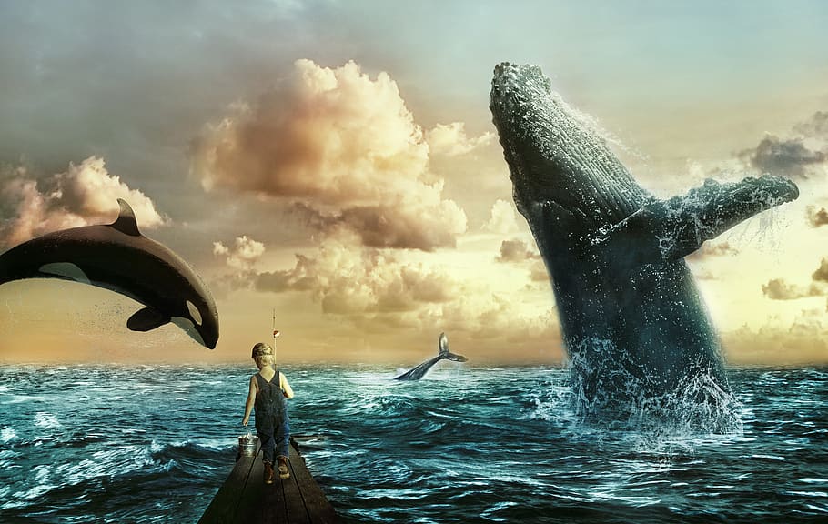 sea, whales, boy, clouds, sky, water, ocean, child, fantasy HD wallpaper