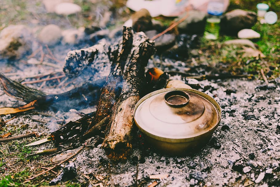 Round Gray Cooking Pot, ash, bonfire, burning, burnt, charcoal HD wallpaper