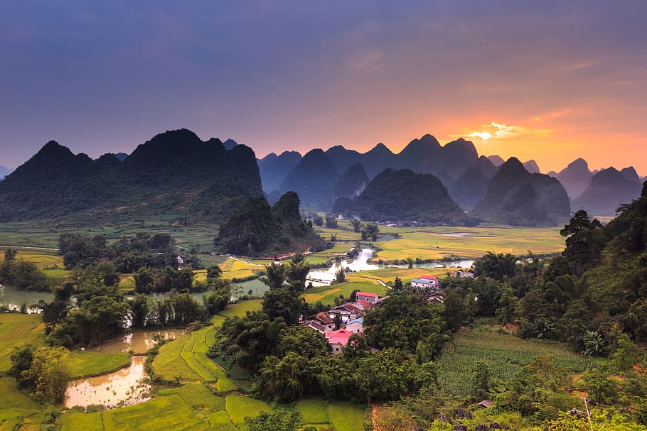 Hills and Body of Water, adventure, clouds, dawn, daylight, drone shot HD wallpaper
