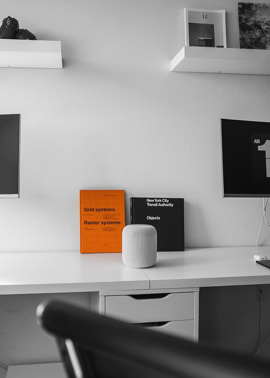 gray speaker on white table, communication, indoors, no people HD wallpaper