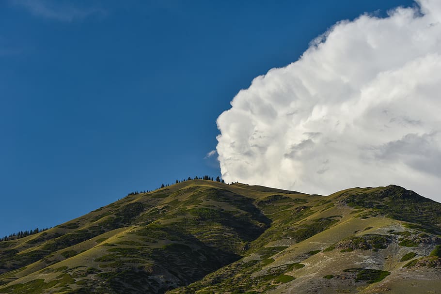 green mountain under white cloud, nature, outdoors, sky, hill HD wallpaper
