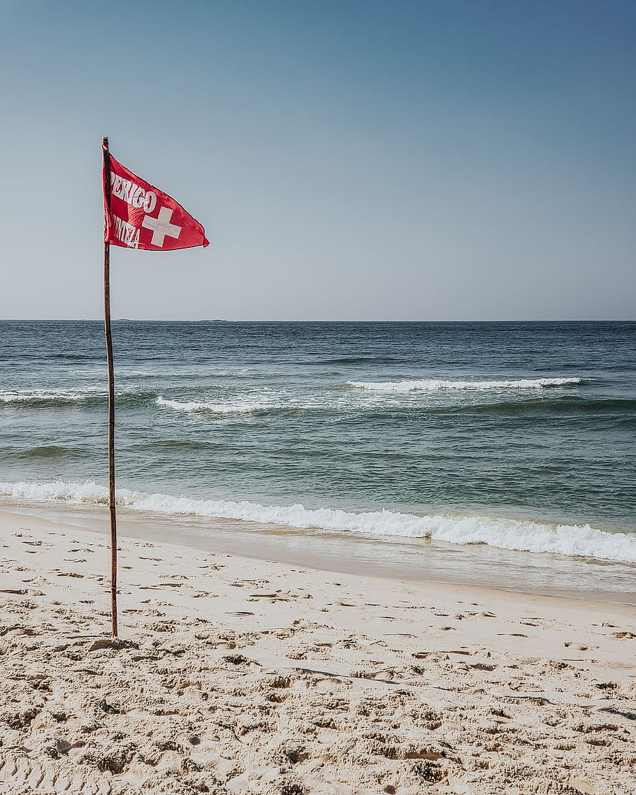 red flag near body of water under white sky, symbol, sea, ocean, HD wallpaper