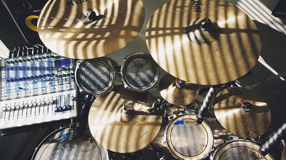 brass drum set, goggles, glasses, music, percussion, leisure activities HD wallpaper
