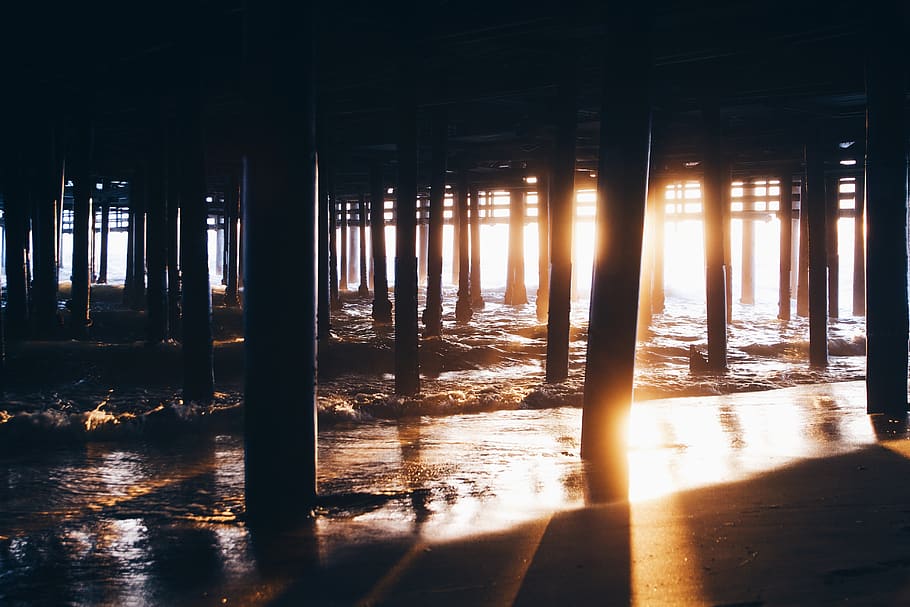 beach, pier, sunlight, sunset, water, no people, nature, architectural column HD wallpaper