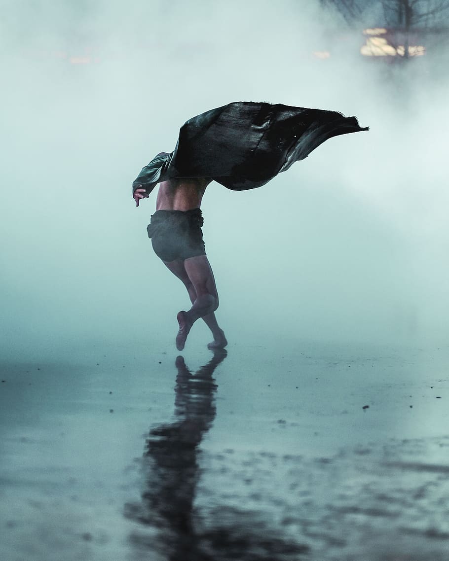 people, man, run, rain, fog, water, one person, full length HD wallpaper
