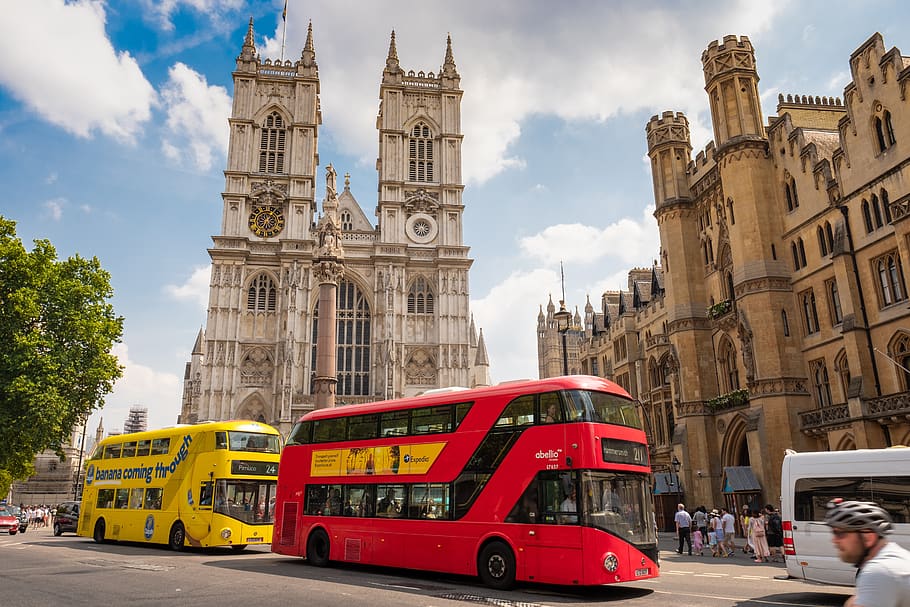 london, bus, yellow, red, westminster, abbey, church, england, HD wallpaper
