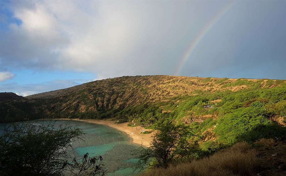 rainbow above mountain, nature, outdoors, water, shoreline, sea HD wallpaper