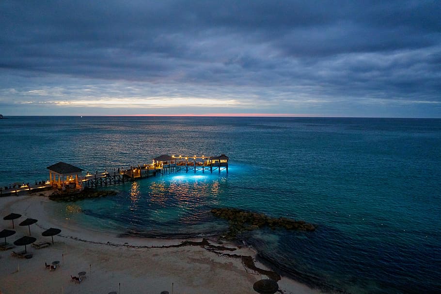 Dock With Cottages, Bahamas, beach, clouds, island, ocean, outdoorchallenge HD wallpaper