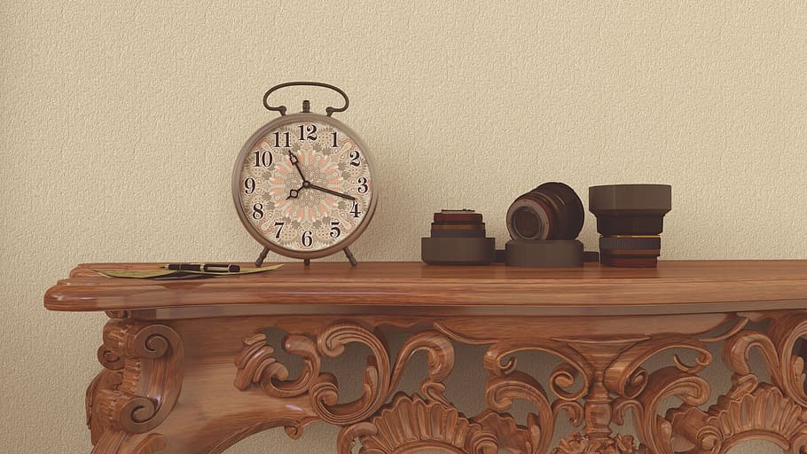 Clock sitting on a mantle., time, lenses, object, room, shelf HD wallpaper