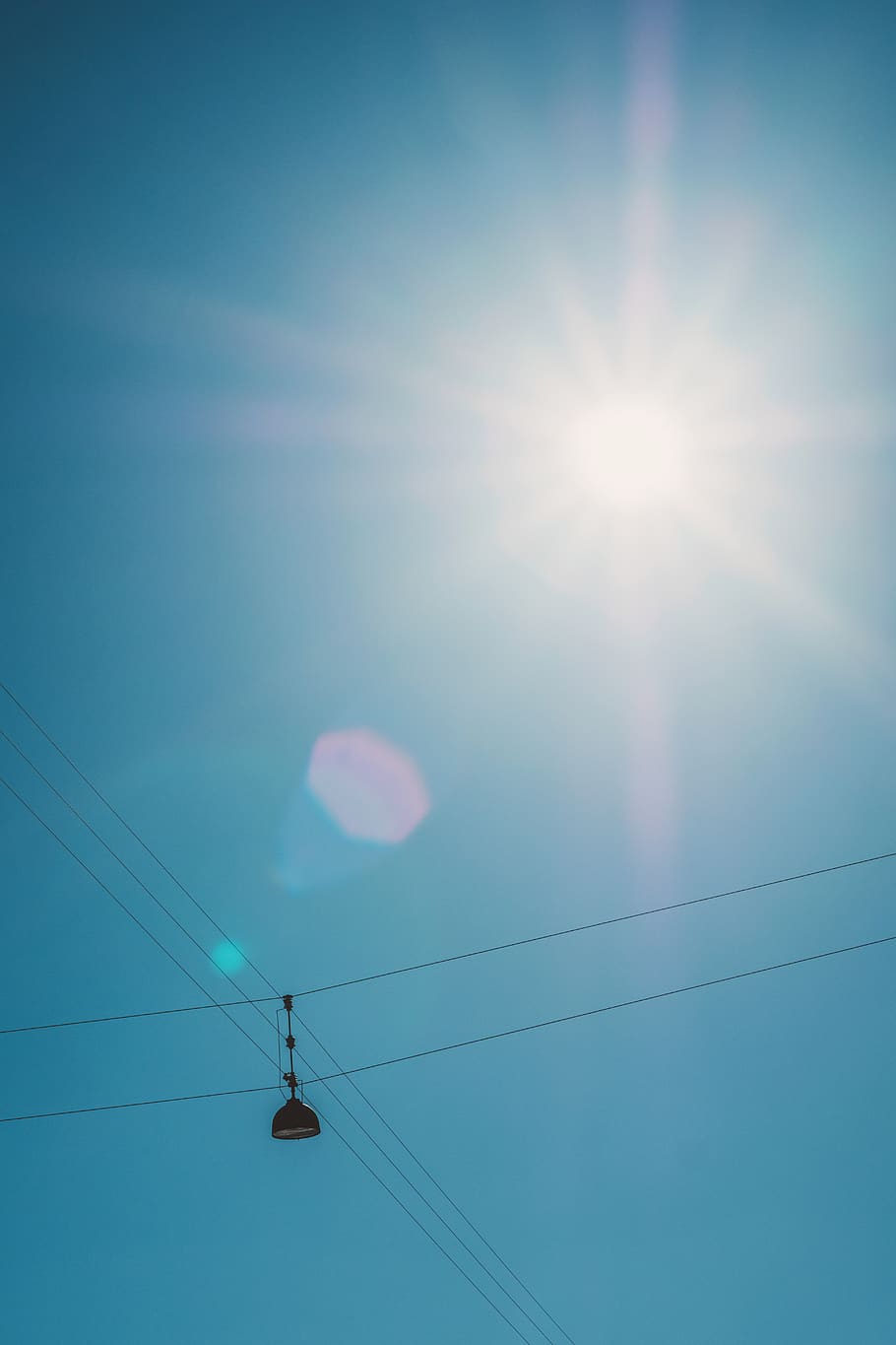 sky, light, sun, blue, low angle view, cable, lens flare, nature HD wallpaper