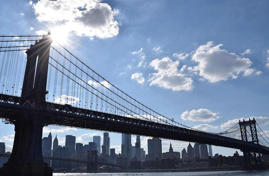 new york, bridge, cloudy, skyline, architecture, built structure HD wallpaper