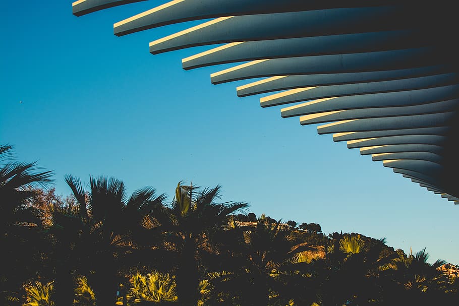 spain, málaga, sky, blue, cloud, concrete, structure, contrast HD wallpaper