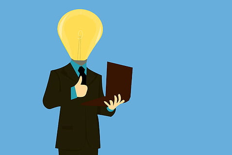 Illustration of man full of ideas with laptop, bulb, character HD wallpaper