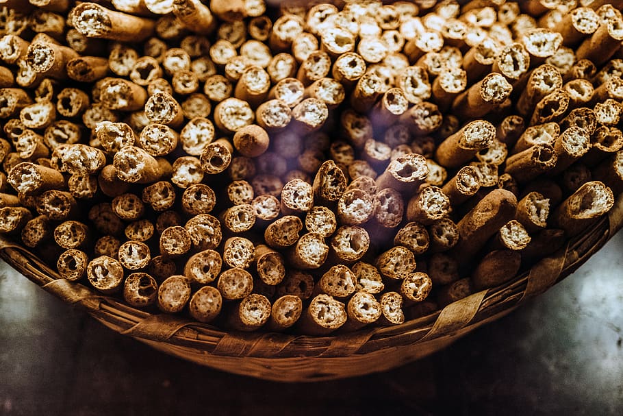 brown sticks in basket, abundance, food, large group of objects HD wallpaper
