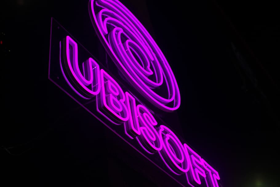 purple ubisoft neon light sign, yuejiang w rd, guangdong, china, HD wallpaper