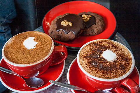 Two Red Ceramic Mugs, breakfast, brown, caffeine, chocolate, close-up HD wallpaper
