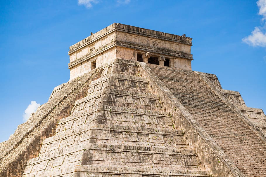 mexico, chichén itzá, pyramid, travel, archaelogy, maya, blue sky HD wallpaper