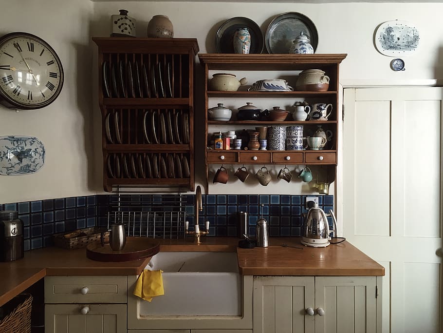 white kitchen cupboards and rack with dinnerware arranged on it, HD wallpaper