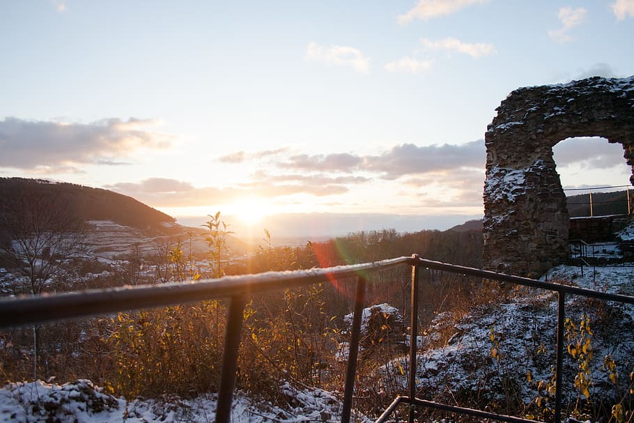 morning, cold, winter, landscape, sunrise, ruins, trees, sky HD wallpaper
