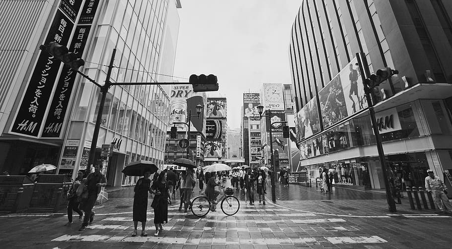 grayscale photography of city roads with people, pedestrian, person, HD wallpaper