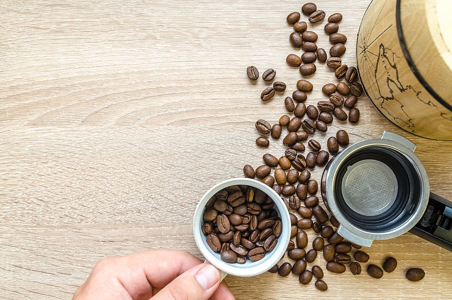 Person Holding Coffee Cup With Coffee Beans Near Coffee Press