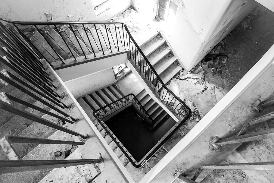 abandoned, old, residence, stair, staircase, route, path, pathway HD wallpaper