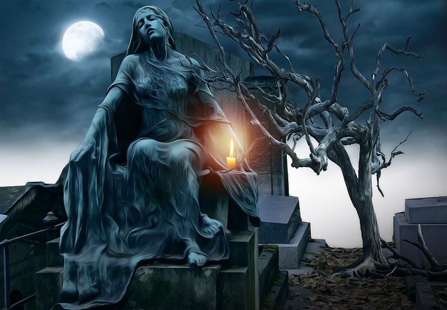 gothic, fantasy, dark, cemetary, statue, tree, dead tree, candle, HD wallpaper